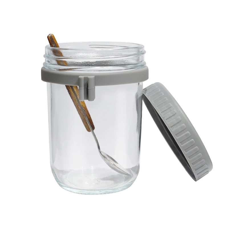 12oz Reusable Glass Mason Jar Portable Glass Salad Jar Overnight Oatmeal Cup with Plastic Sealed Lid and Spoon