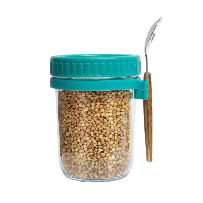 Tarro de vidrio reutilizable de 12oz, tarro de vidrio portátil para ensalada, taza de avena durante la noche con tapa sellada de plástico y cuchara